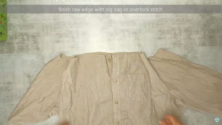 how to make a button down shirt into a cute off the shoulder dress, Finishing the raw edges at the top