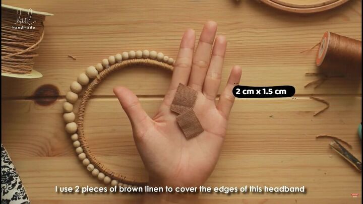 how to make this rustic vintage inspired diy beaded headband, Covering the headband ends with brown linen