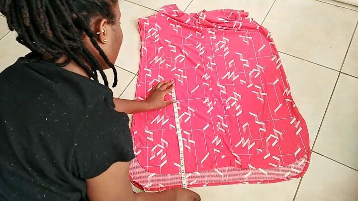 how to make a dress into a two piece cute skirt crop top set, Measuring the dress fabric to make the skirt