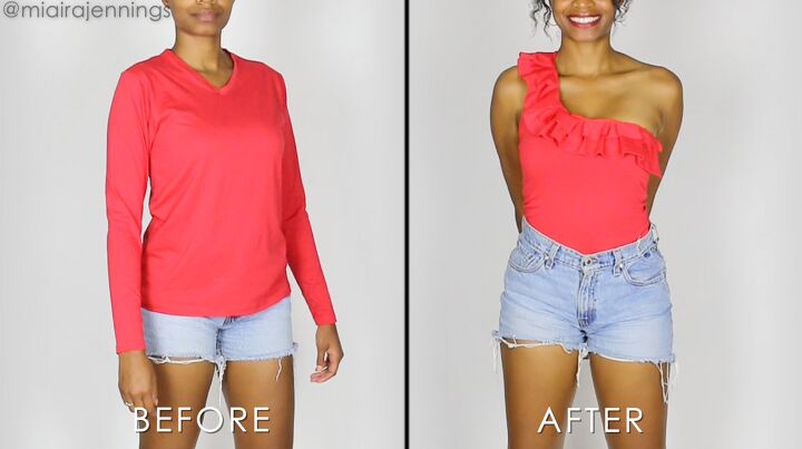 diy ruffled one shoulder top from a basic t shirt easy sewing