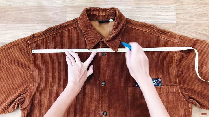 how to sew an overall dress out of an old corduroy shirt, Marking the corduroy shirt