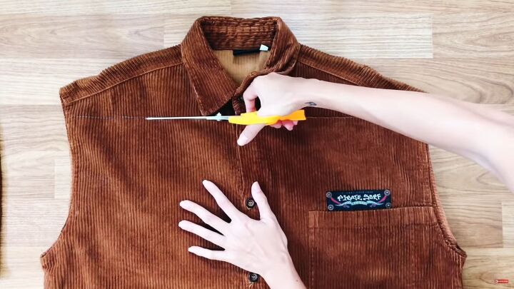 how to sew an overall dress out of an old corduroy shirt, Cutting off the sleeves and neckline