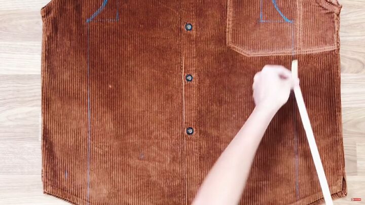how to sew an overall dress out of an old corduroy shirt, Measuring the shape of the DIY overall dress