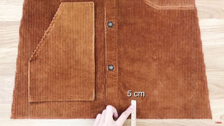 how to sew an overall dress out of an old corduroy shirt, Placing the pockets on the DIY overall dress