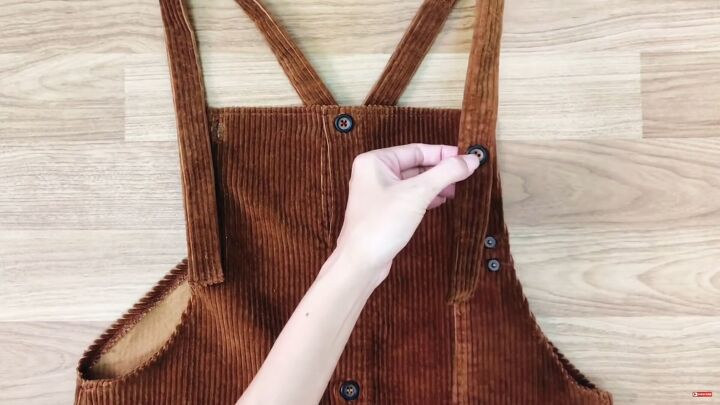 how to sew an overall dress out of an old corduroy shirt, Attaching buttons to the straps