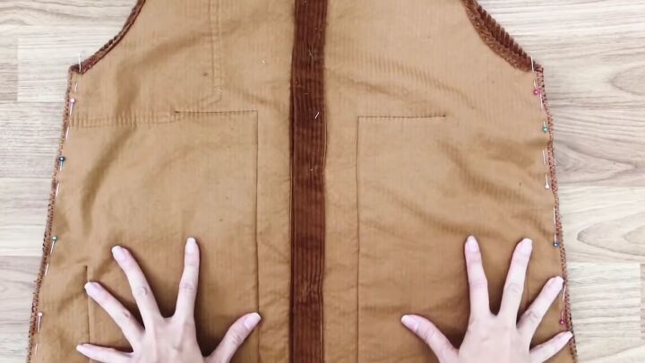 how to sew an overall dress out of an old corduroy shirt, Pinning the front and back pieces together