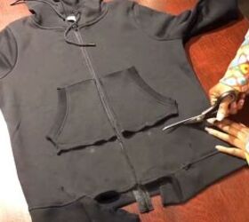 how to make a cute diy tracksuit jumpsuit, Cutting up the hoodie and moving the pockets