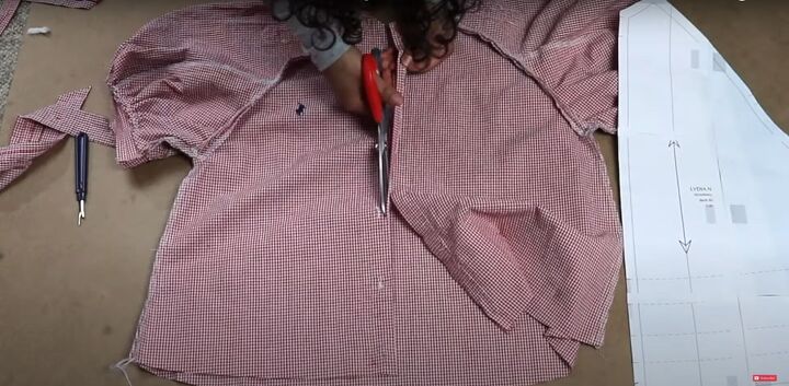 how to make a pretty strawberry blouse diy bow back top tutorial, Cutting off the button plackets