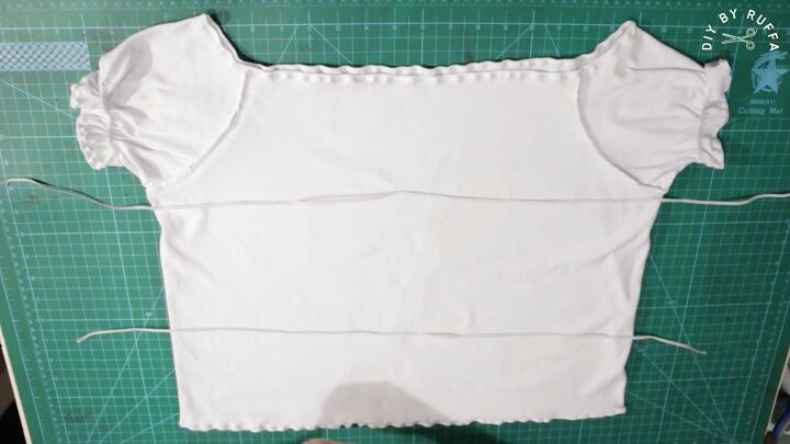 how to easily make a cute diy peasant top from a t shirt, Measuring and cutting elastic pieces