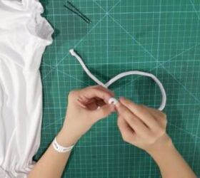 how to easily make a cute diy peasant top from a t shirt, Creating a bow detail for the DIY peasant top