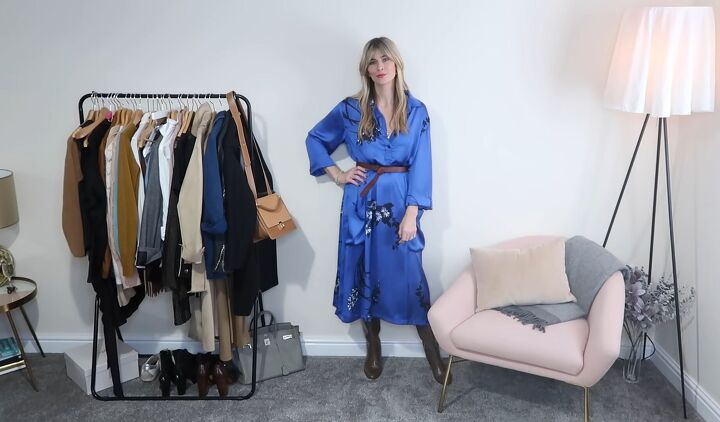 how to play around have fun styling your capsule wardrobe, Blue silk dress with brown boots
