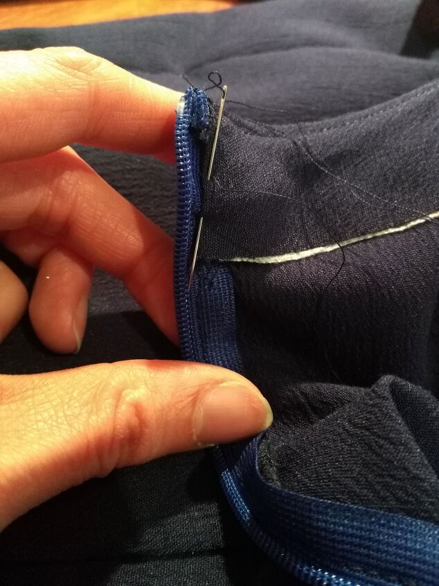 how to draft and sew a neck facing, Handsewing the seam allowance of the facing opening to the bodice opening