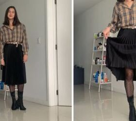 what to wear with a plaid shirt 5 comfy trendy fall outfit ideas, Plaid shirt with a midi skirt and tights