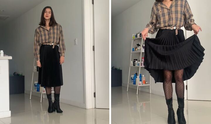 what to wear with a plaid shirt 5 comfy trendy fall outfit ideas, Plaid shirt with a midi skirt and tights