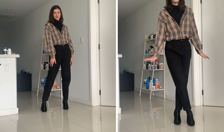 what to wear with a plaid shirt 5 comfy trendy fall outfit ideas, Plaid shirt over a turtleneck