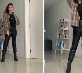 what to wear with a plaid shirt 5 comfy trendy fall outfit ideas, Plaid shirt with leather pants and boots