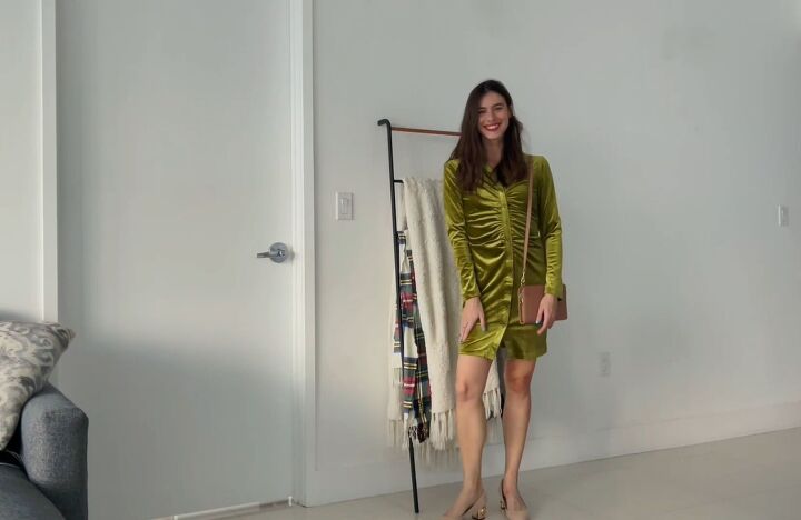 bored of neutrals try these 10 unconventional colorful fall outfits, Velvet chartreuse dress with ruching