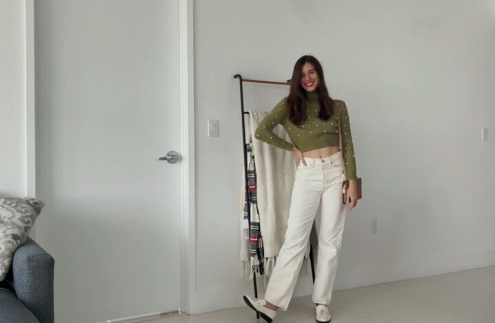 bored of neutrals try these 10 unconventional colorful fall outfits, Cropped sweater with white jeans