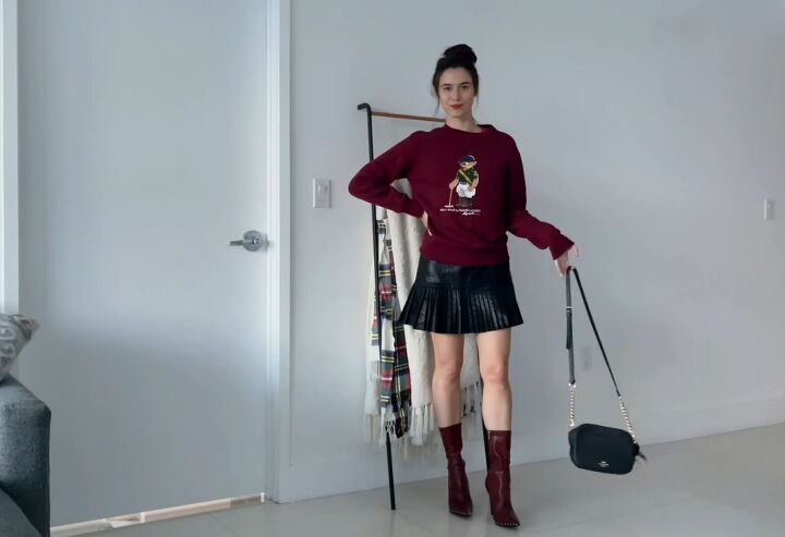 bored of neutrals try these 10 unconventional colorful fall outfits, Burgundy sweater and boots with leather skirt
