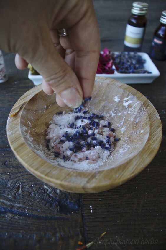 diy bath salt homemade gift for busy moms, adding lavender to a bath salt mixture