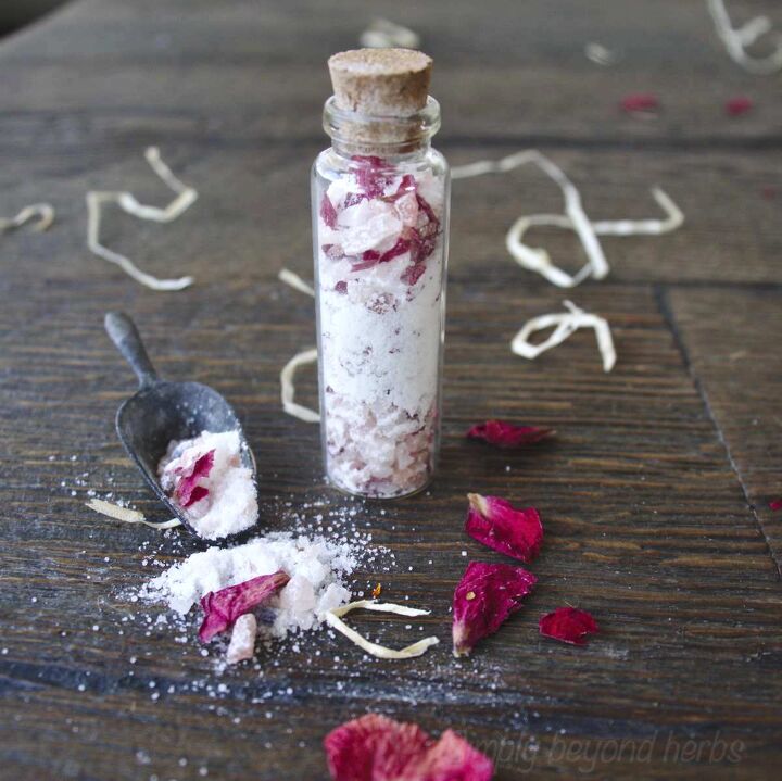 diy bath salt homemade gift for busy moms, bath salts wit rose petals