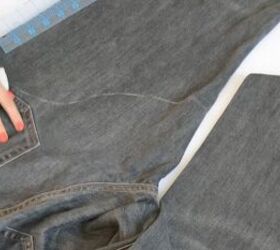 got old jeans lying around make this cute diy denim top, Marking the jeans ready to cut