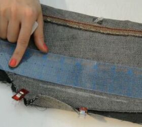 got old jeans lying around make this cute diy denim top, Measuring the sleeves for the DIY denim top