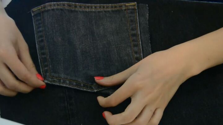 got old jeans lying around make this cute diy denim top, Attaching the pocket