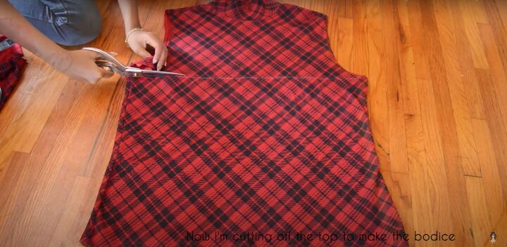 how to make a plaid shirt into a dress easy diy tutorial, Cutting off the top of the plaid shirt