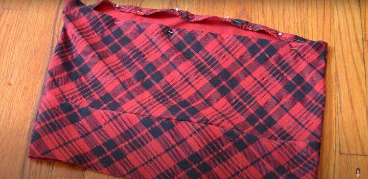 how to make a plaid shirt into a dress easy diy tutorial, Pinning the raw edges ready to hem
