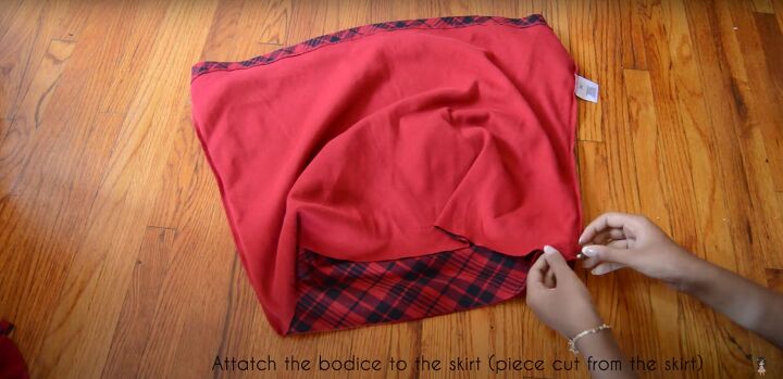 how to make a plaid shirt into a dress easy diy tutorial, Pinning the bodice to the skirt