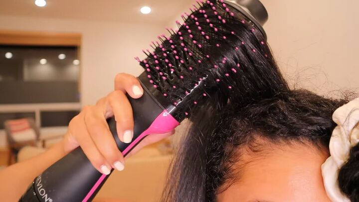 how to do a silk press at home easily safety for type 3 curly hair, Blow drying hair with a round hot air brush