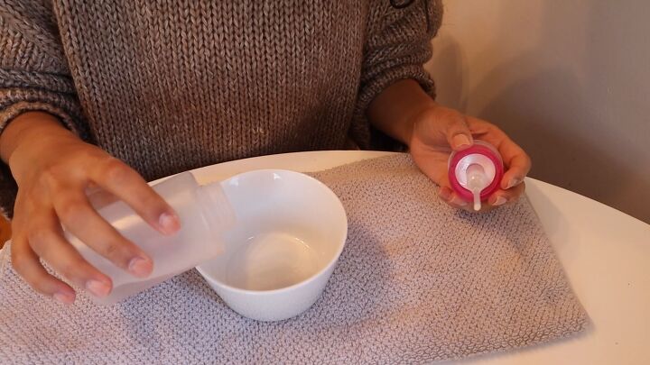 how to remove gel polish at home easily safely without foil, Pouring acetone into a small bowl
