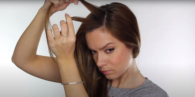 how to do a cute dutch fishtail braid step by step tutorial, Taking two 1 inch sections of hair