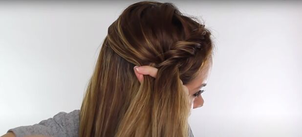 how to do a cute dutch fishtail braid step by step tutorial, Bringing in hair from the other side