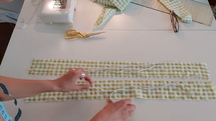 how to make a super cute diy two piece pants set in gingham, Cutting out fabric pieces for the straps