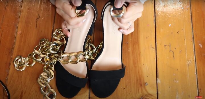 how to easily make glamorous diy versace chain shoes, Inserting the DIY chain straps