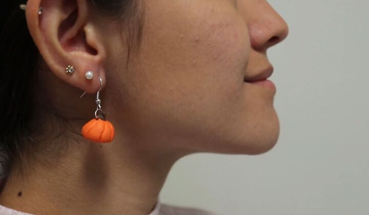 4 easy polymer clay halloween ideas for cute but spooky earrings, DIY Halloween earrings shaped like pumpkins