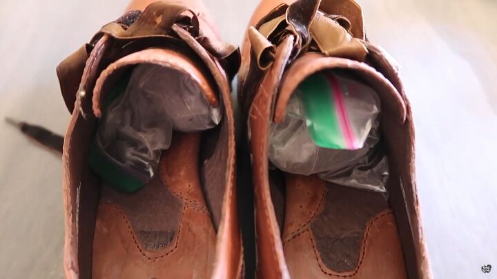 how to stretch shoes easily paint them for a whole new look, Placing the bags of water into the shoes