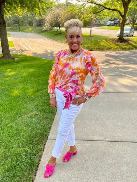 stylish monday and link up party september 2021, Ruffled Sleeve Top Calvin Klein Macy s INC Boyfriend Jeans Macys Hot Pink Slides My Closet