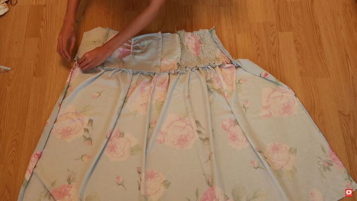 how to make a gorgeous floral diy dress out of an old blanket, Pinning the bodice to the skirt