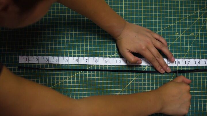 how to make your own off the shoulder dress easy diy thrift flip, Measuring two strips of fabric for the straps
