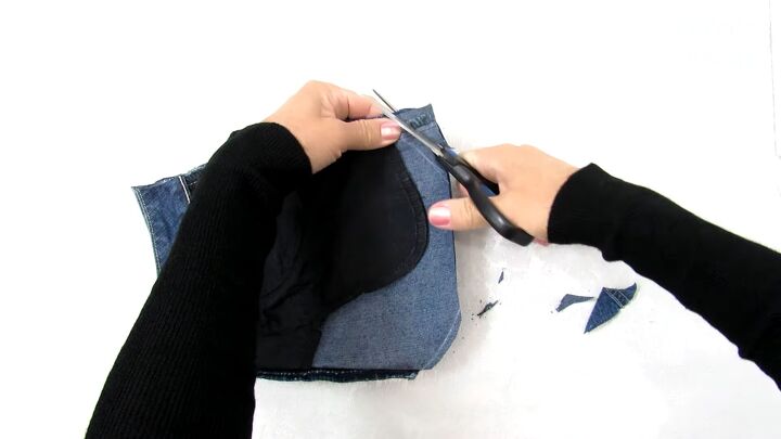 how to make a cute drawstring bag from old jeans step by step, Making a DIY jean bag