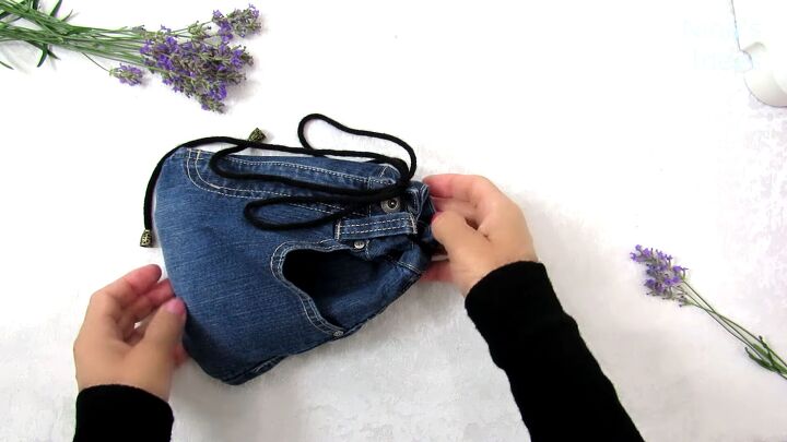 how to make a cute drawstring bag from old jeans step by step, How to sew a jean drawstring bag
