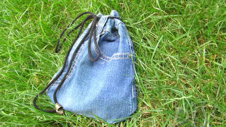 how to make a cute drawstring bag from old jeans step by step, How to make bags from old jeans step by step