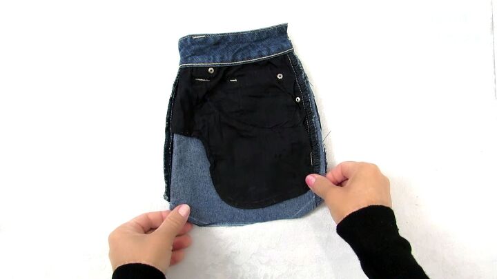 how to make a cute drawstring bag from old jeans step by step, Pinning the edges of the bag ready to sew