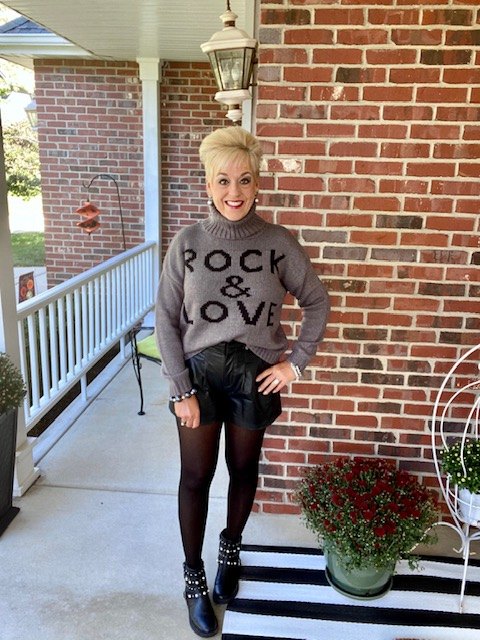 stylish monday link up party, Rock and Love Sweater Lynn Lily Online Boutique Faux Leather Shorts Versona Embellished Boots My Closet Guess DSW