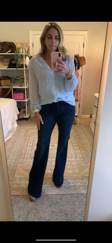how to style flare jeans three ways in the fall, Elegant blouse with flare jeans