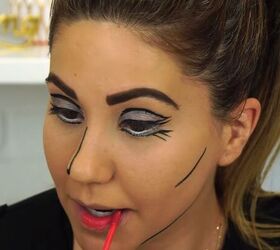 this cartoon pop art makeup look is so easy perfect for halloween, Applying bright red lipstick