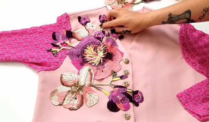 how to make a colorful diy jacket from an old fashioned dress, Adding embroidery patches to a DIY jacket